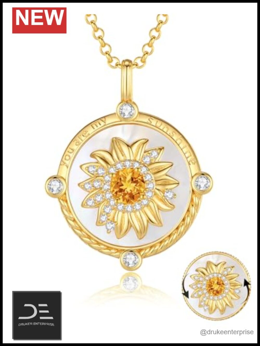 Spinning Sunflower Pendant Necklace 925 Sterling Silver Gold Plated Anxiety